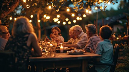 Fototapeta premium Happy Senior Grandfather Talking and Having Fun with His Grandchildren, Holding Them on Lap at a Outdoors Dinner with Food and Drinks. Adults at a Garden Party Together with Kids