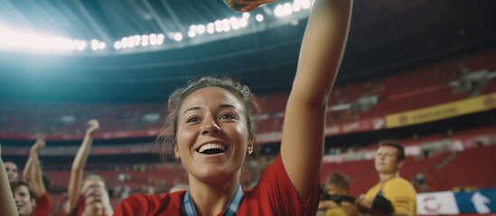 Fototapeta premium Celebrating Victory: Woman in Red Cheers at a Stadium
