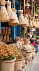 Fototapeta premium Colorful street market with various handmade brooms and baskets filled with flowers, showcasing authentic traditional crafts and local products.