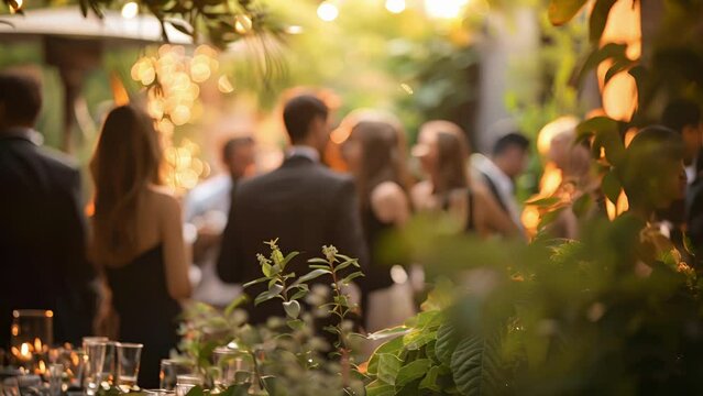 Outoffocus guests mingling in a lush garden adorned with chic party decor