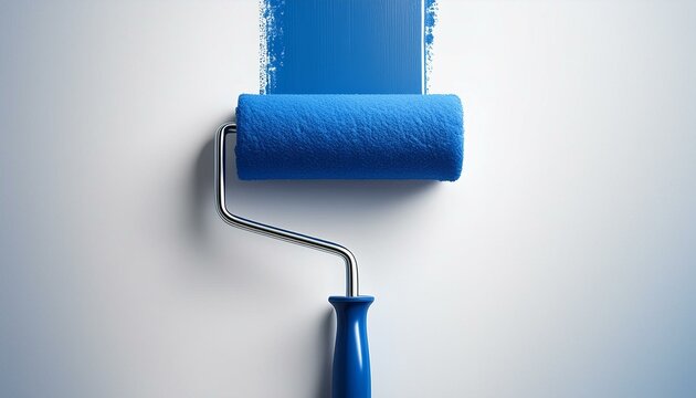 Rouleau de peinture bleue sur un mur blanc