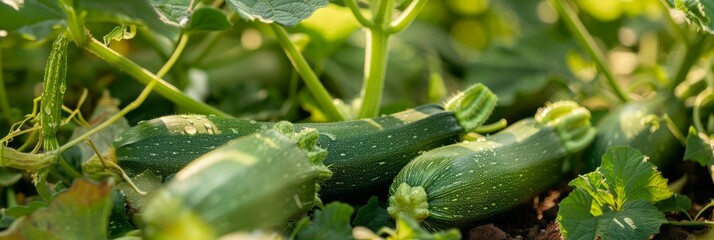 Zucchinis thrive on a plantation, their vibrant green skins gleaming among lush foliage, promising a bountiful and healthy harvest, banner