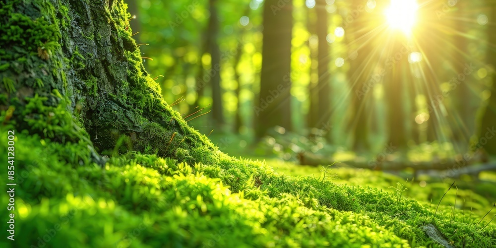Poster a tree trunk covered in moss and surrounded by green grass. generate ai image