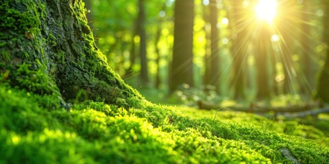Fototapeta premium A tree trunk covered in moss and surrounded by green grass. Generate AI image