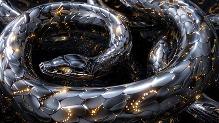 A striking metallic snake sculpture with a geometric design, showcasing modern art's sleek and reflective qualities in a captivating abstract form.