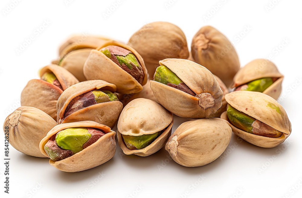Poster a bunch of pistachio nuts are piled on top of each other. the nuts are all different sizes and shape
