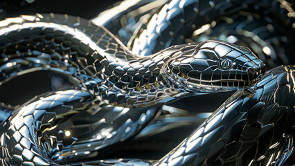A striking metallic snake sculpture with a geometric design, showcasing modern art's sleek and...