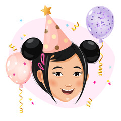 Little asian birthday girl in party hat with colorful helium balloons and confetti around.
