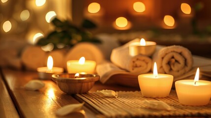 Burning candles creating aromatic ambiance in spa setting