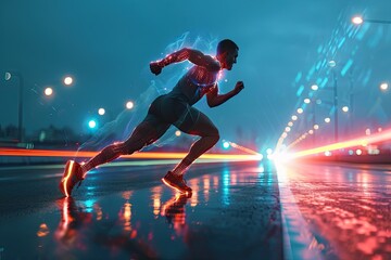 Hologram, athlete and running for wellness, exercise for healthy lifestyle and track heart rate. Male, futuristic and runner with digital sports, double exposure for marathon and fitness training.