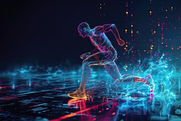Hologram, athlete and running for wellness, exercise for healthy lifestyle and track heart rate. Male, futuristic and runner with digital sports, double exposure for marathon and fitness training.