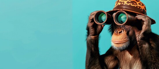 Monkey wearing hat and holding binoculars on a blue pastel background, Copy space. generative AI