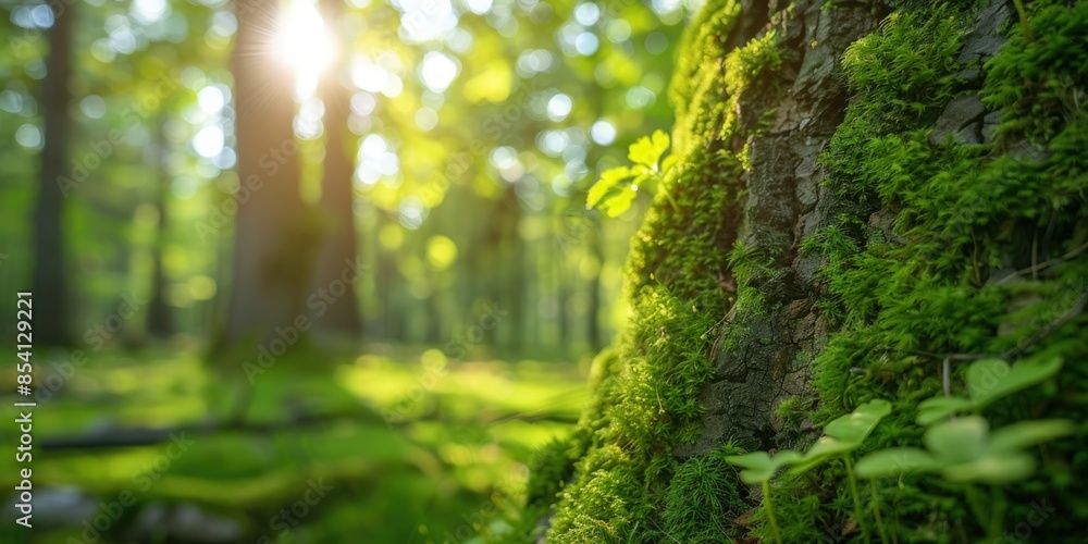 Poster a tree trunk covered in moss and surrounded by green grass. generate ai image