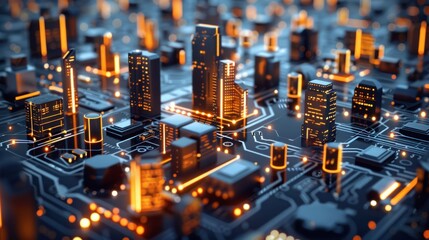 Futuristic of a smart city with glowing structures on a digital circuit board. generative AI image