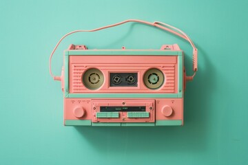 Set against a turquoise background, a pink portable player epitomizes '90s nostalgia, marrying vintage design with bold hues for a timeless appeal