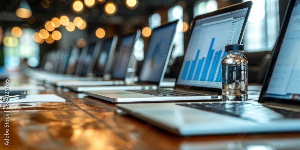 Poster Row of laptops on a conference table in a modern office, highlighting the importance of technology and digital tools in a productive and connected workspace, Generative AI
