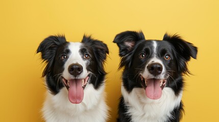 Fototapeta premium Border collies posing with wide grins, yellow background highlighting their black and white fur, a lively and engaging portrait full of warmth and joy