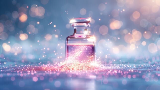 Bright color style with a mysterious atmosphere, transparent color potion in an open elegant small cute glass bottle, glowing with magical light, surrounded by soft, ethereal mist