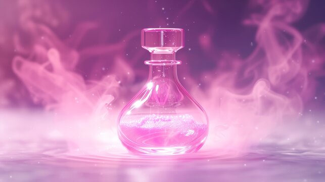Bright color style with a mysterious atmosphere, transparent color potion in an open elegant small cute glass bottle, glowing with magical light, surrounded by soft, ethereal mist