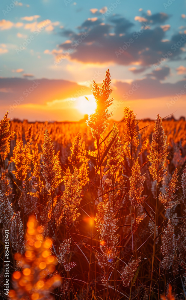 Poster a field of tall grass with a sun shining through the middle. the sun is setting and the sky is fille