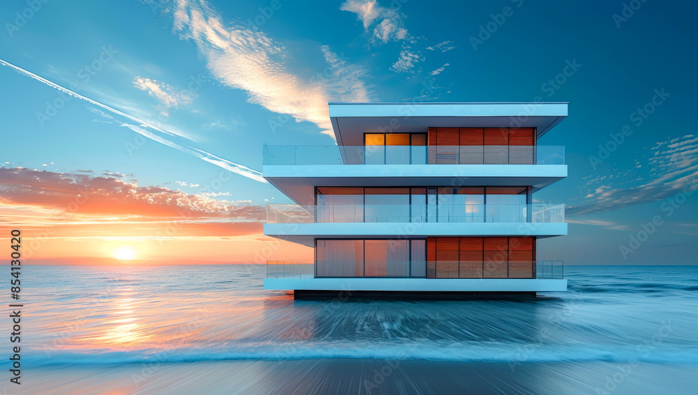 Poster a large white building with a red roof is floating on the water. the sun is setting in the backgroun