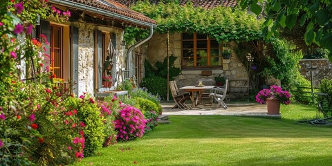 Obraz premium well kept garden and house, with flowers and patio furniture, photo picture style 
