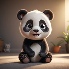 Naklejka premium Cheerful Baby Panda in Cinematic Glow Adorable 3D Animated Bear Illustration