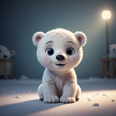 Smiling Baby Polar Bear in Cinematic Light Kids Animation Movie Illustration