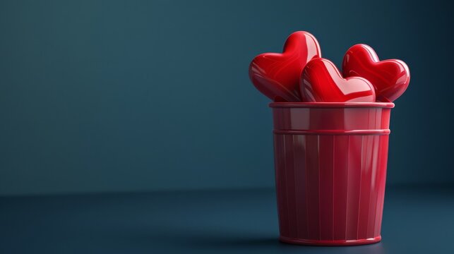 A red bin overflowing with red heart shapes, against a blue background