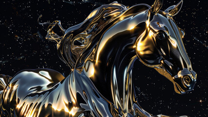 A striking metallic horse sculpture with a geometric design, showcasing modern art's sleek and reflective qualities in a captivating abstract form.
