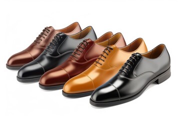 A stunning display of polished leather dress shoes in various shades, set against a clear white background, exuding sophistication and style.