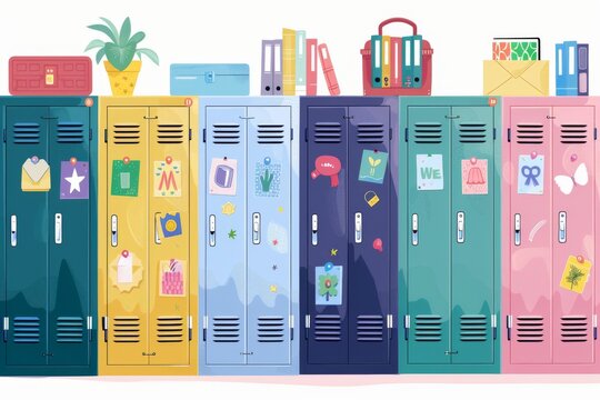 A row of vibrant lockers adorned with personalized magnets and stickers, ready to be filled with treasured books and belongings.