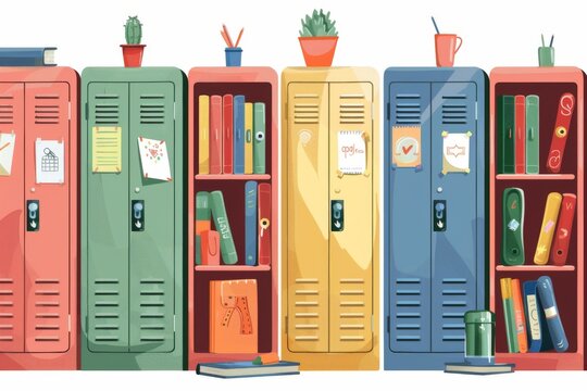 Colorful personalized magnets and stickers adorn a row of lockers, ready to be filled with books and belongings.