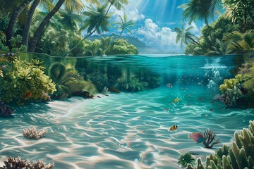 A beautiful tropical lagoon with palm trees and crystal clear turquoise water. The image is split in half, showing the shallows and the vibrant underwater world. Generative AI