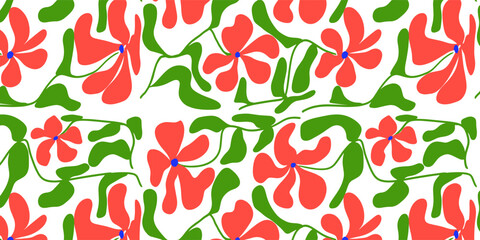 Seamless pattern with blue flowers, groovy, modern flat fabric.