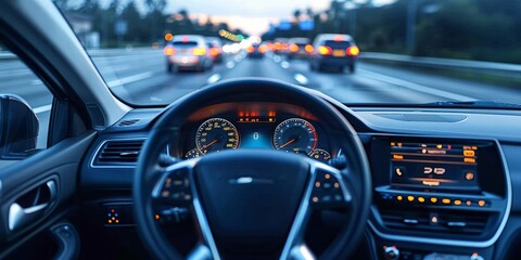 Nighttime driving on a busy highway, highlighting the experience of navigating urban traffic with focus on the car's interior and illuminated dashboard, Generative AI