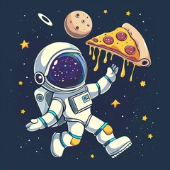 Fototapeta premium Astronaut floating in space while holding a slice of pizza on galaxy