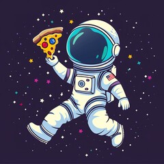Astronaut floating in space while holding a slice of pizza on galaxy