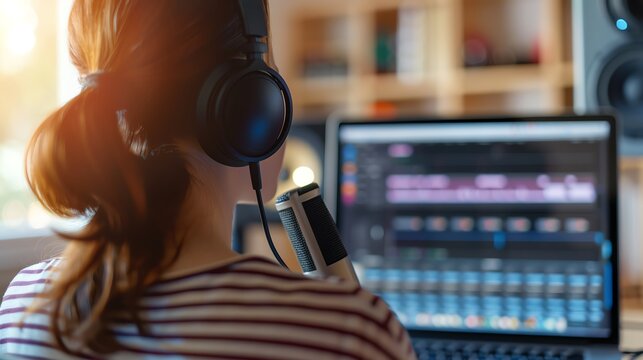 Person wearing headphones recording voiceover at a professional studio with a microphone and computer in the background.