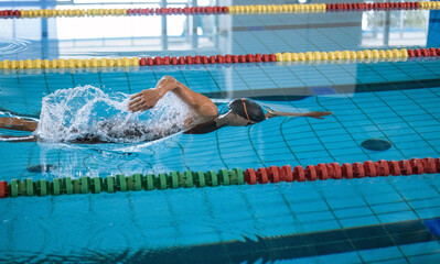 Professional female swimmer swimming the front crawl stroke. Freestyle competition concept.