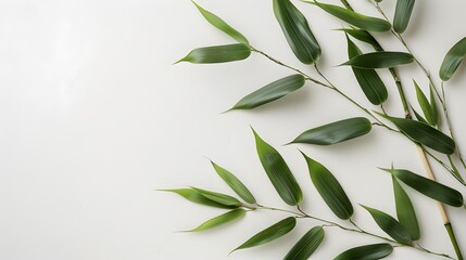 Thick-stemmed bamboo branch with leaves on white background