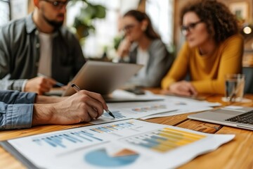 Business team analyzing statistical data on digital device and documents in a casual meeting at the office.