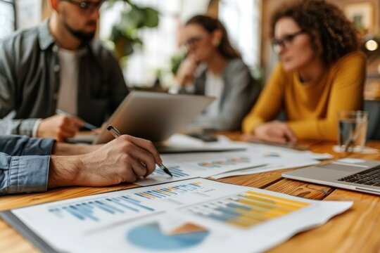 Business team analyzing statistical data on digital device and documents in a casual meeting at the office.