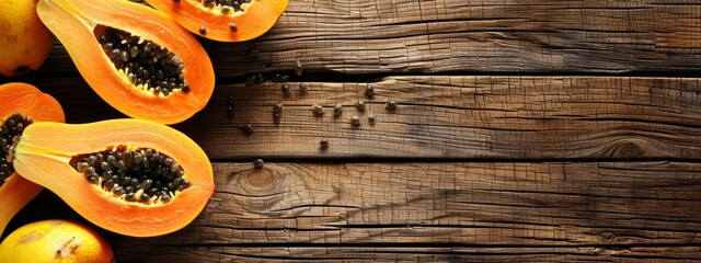  A handful of papayas arranged on a wooden table, accompanied by two individual papayas