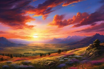 Fototapeta premium Breathtaking sunset over rolling hills and colorful wildflower meadow. Majestic mountains and vibrant sky create a serene landscape scene.
