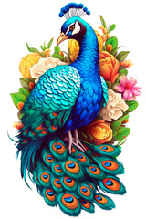 Obraz premium Peacock Bird Image for Stickers, T-Shirt Print, Cap, Mug, Slipper, Mousepad, with Transparent Background PNG