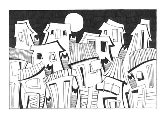 Fototapeta premium Cats and houses sketch. Doodle buildings in city. A cartoon style street with cute houses and cats. Fantasy street with cats silhouette art.