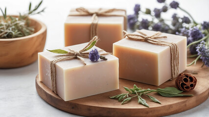 Natural organic soap based on medicinal herbs on a wooden board with flowers. Layout, template for the presentation of natural cosmetics.