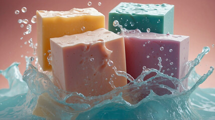 Bright, natural soap in splashes of water, the concept of moisturizing, cleanliness, hygiene.  Layout presentation for advertising cosmetics.