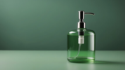 Fototapeta premium Green glass, bottle for cosmetic liquids, personal care products, mockup template for presentation.